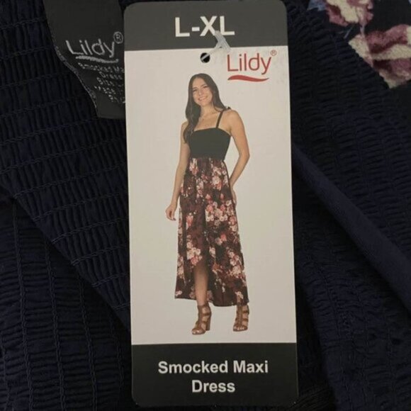 Lildy Navy Floral Smocked Maxi Dress NWT L/XL Boho Cottagecore Garden Party - Picture 6 of 10